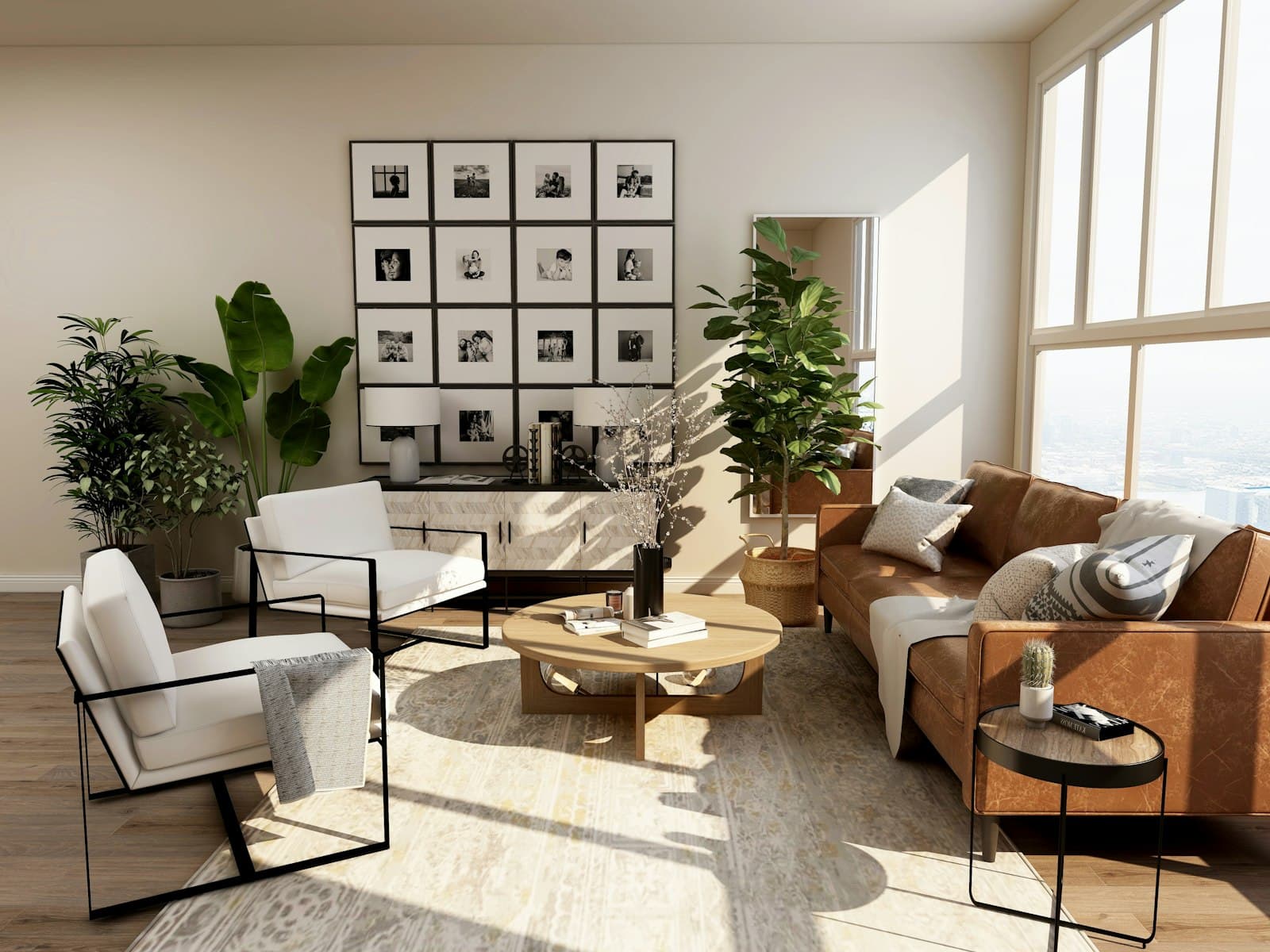 A living room lit by daylight across the sofa and chairs