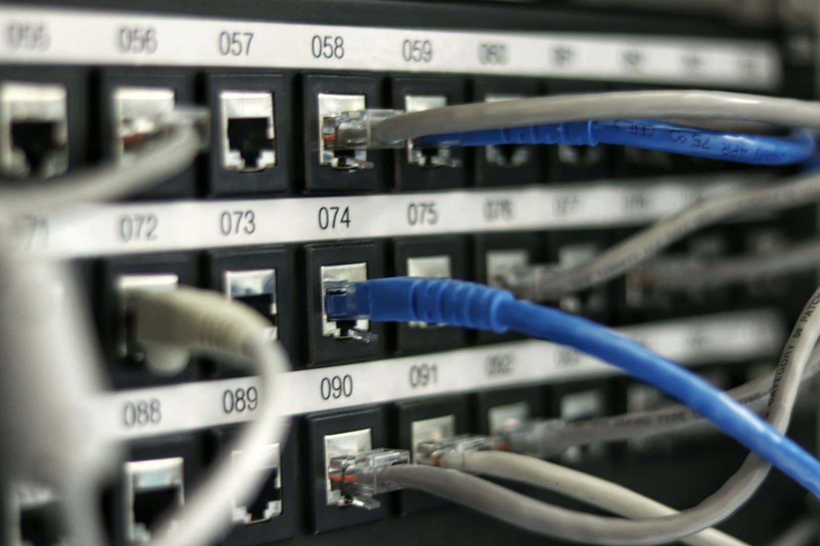 Labeled network ports with ethernet cables plugged in